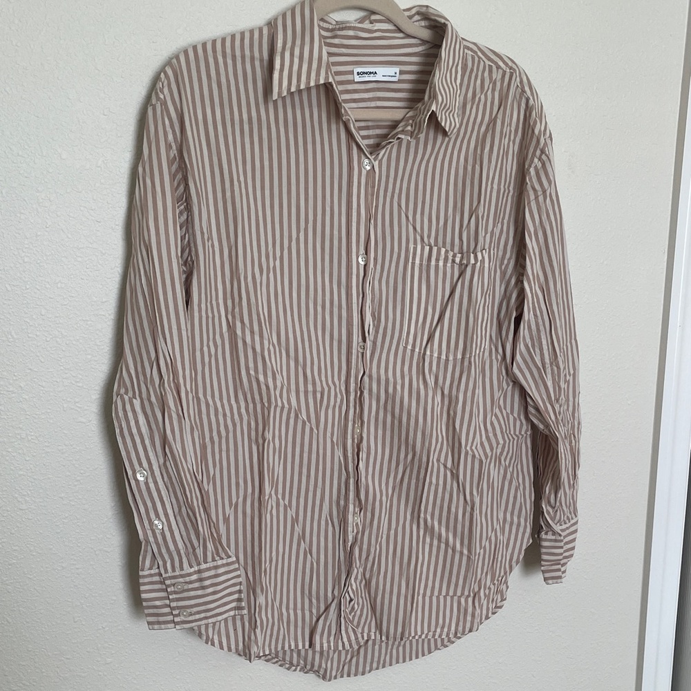 Sonoma Women’s  Beige and White Striped Button-Down Shirt